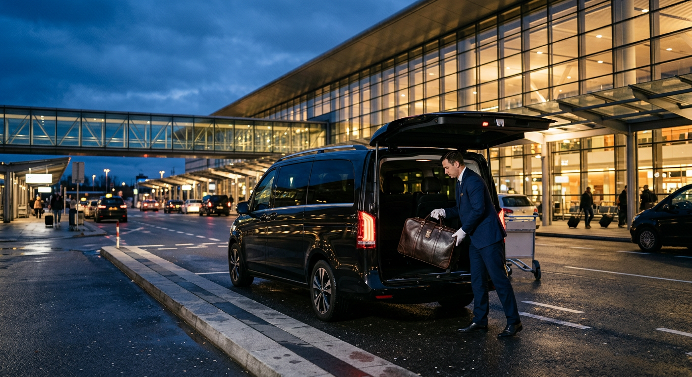 Chauffeur chargeant une valise dans un van devant un terminal d'aéroport