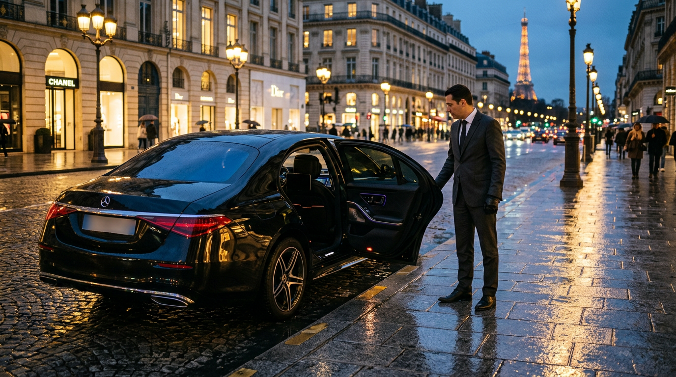 Chauffeur privé ouvrant la portière d'une berline noire